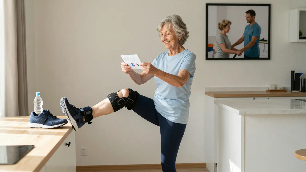 Žena dělá domácí cvičení podle návodu, znázorňující nezávislost a pokrok ve fyzioterapii.