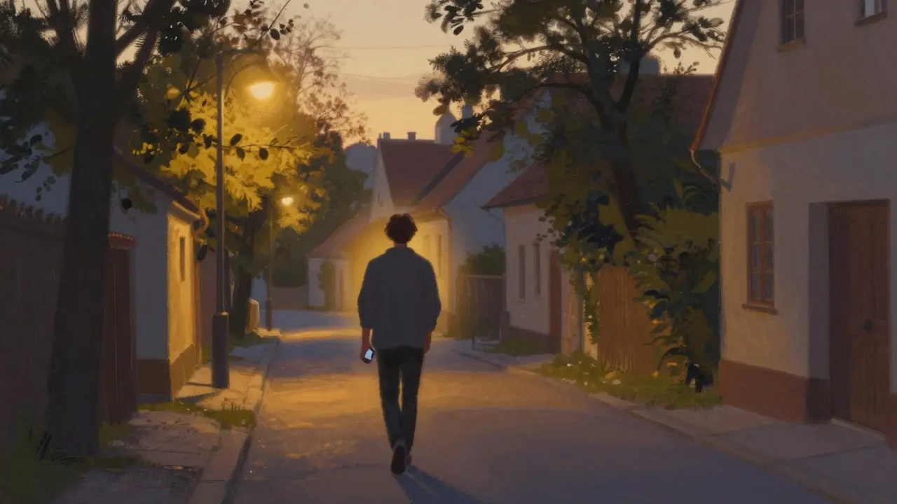 Člověk se prochází večer v tiché české ulici s vypnutým telefonem.