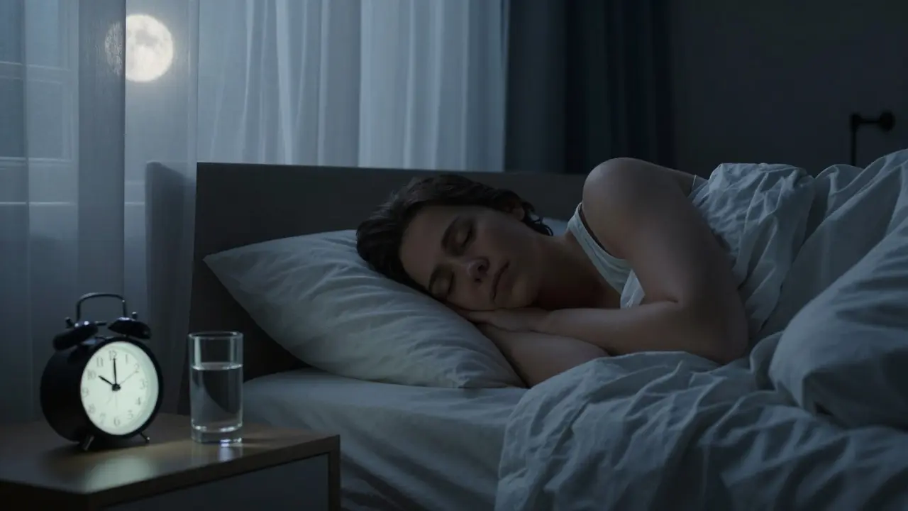 Člověk spí v temné místnosti při světle měsíce, symbolizující důležitost spánku.