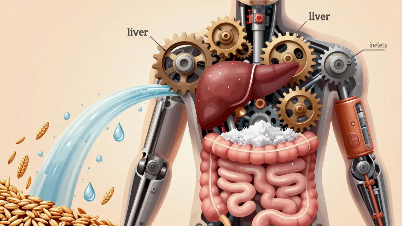 Člověkův vnitřní orgán jako stroj zatížený cukrem a umělými přísadami, zatímco čisté složky proudí dovnitř.