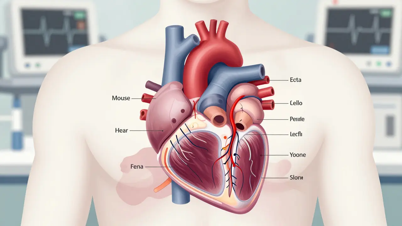 Detaillovaný náčrt transplantace srdce s připojením cév a chirurgickými kroky.