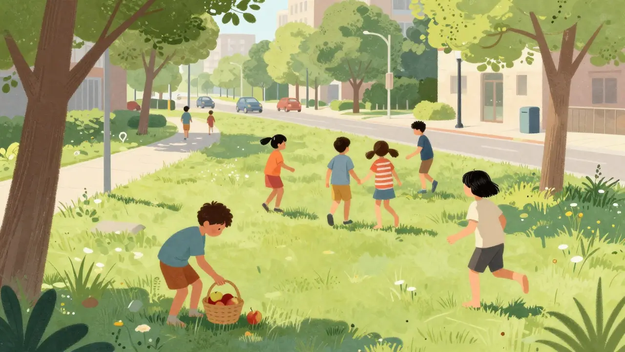 Děti hrají na bezpečném městském hřišti mezi stromy, bez aut a s přístupem k přírodě.