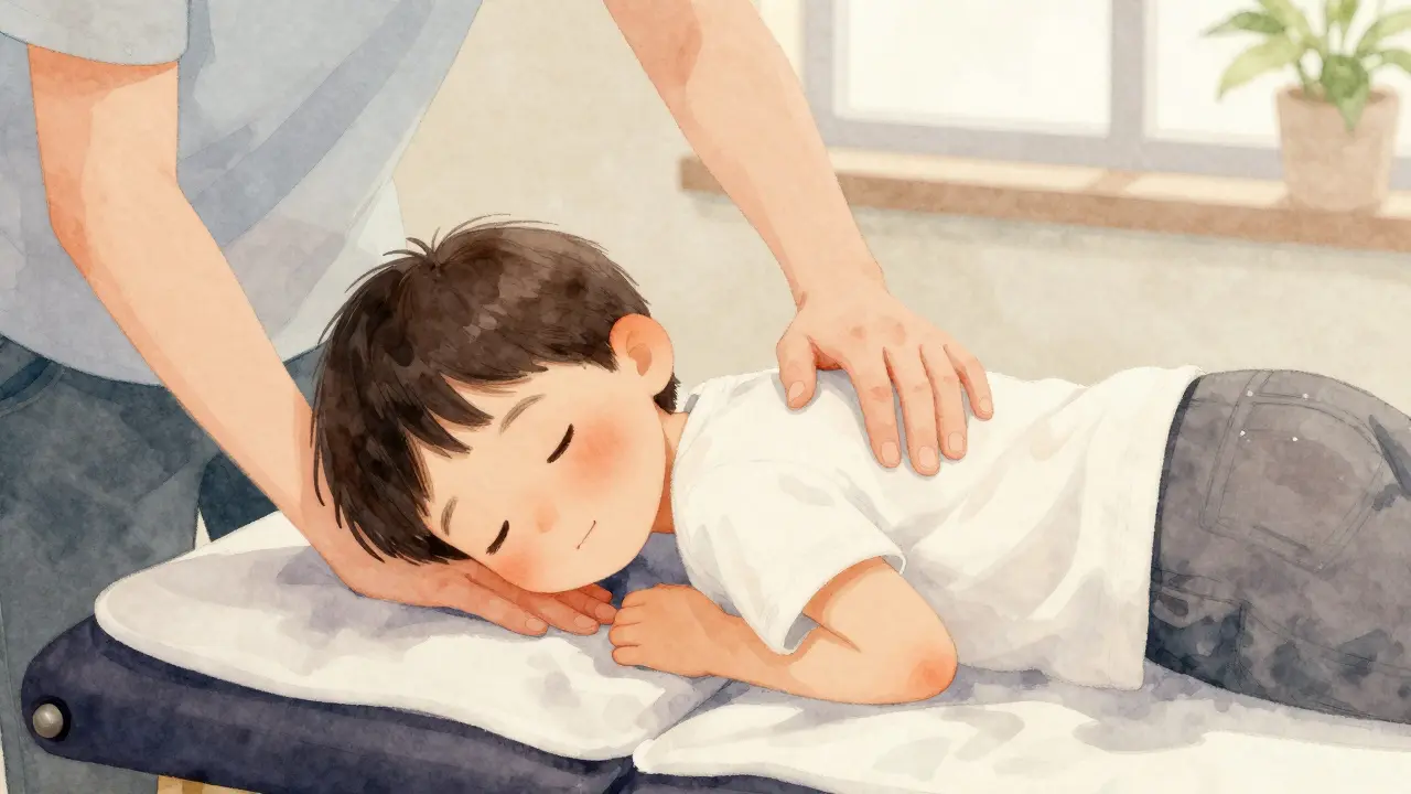 Dítě dostává jemnou chiropraktickou úpravu s rodičem