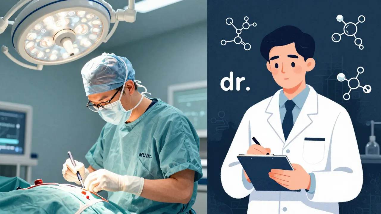 Dvě postavy: chirurg v operaci a vědec v laboratoři — praxe a věda vedle sebe.