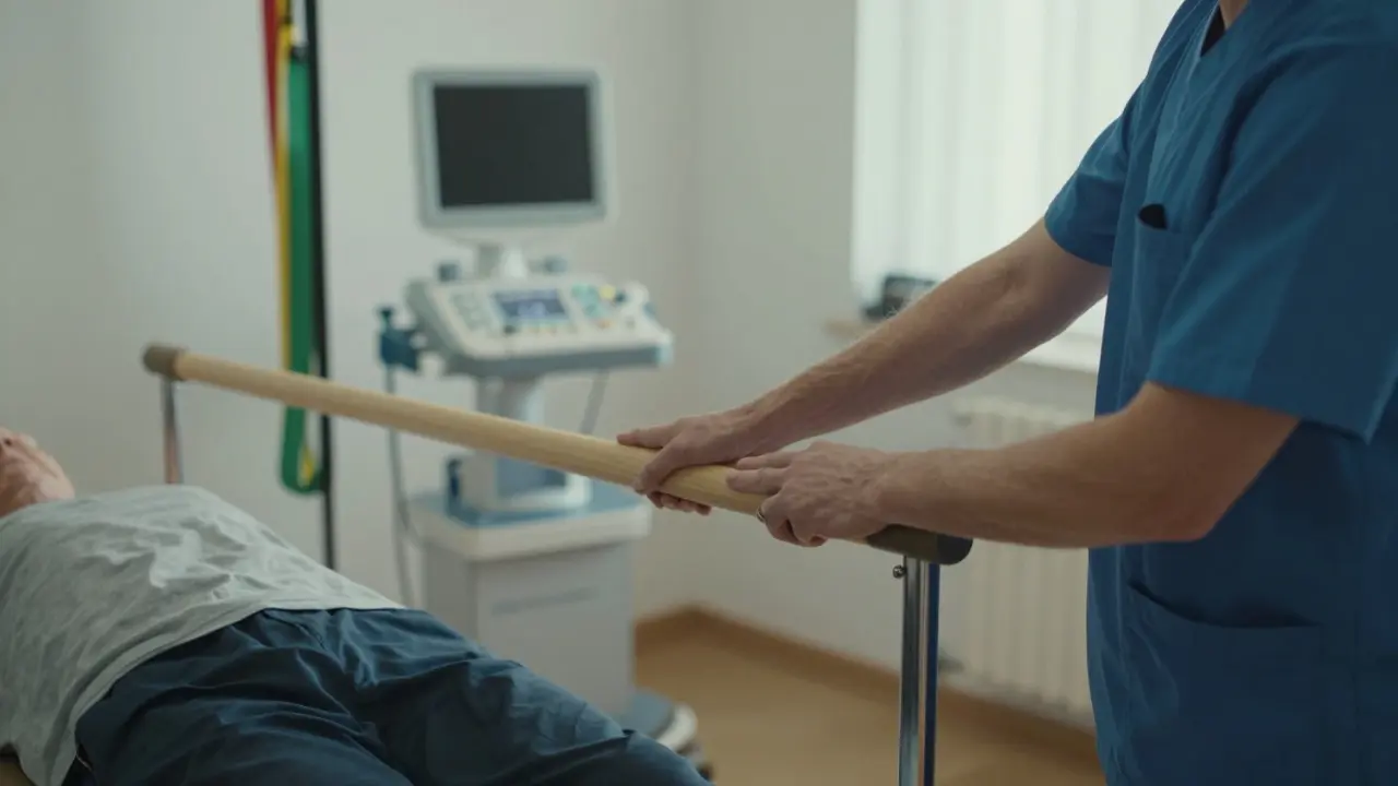 Fyzioterapeut pomáhá staršímu pacientovi s rovnováhou v klinickém prostředí.