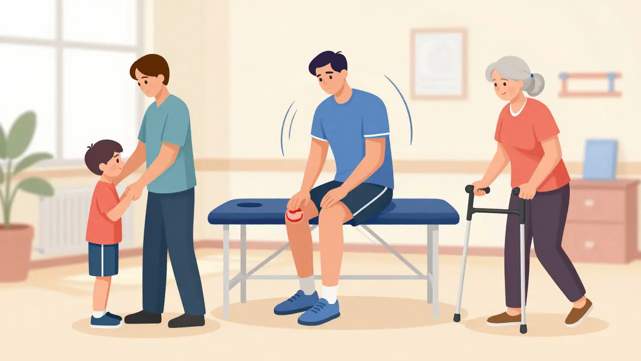 Fyzioterapeut pomáhá třem různým pacientům: dítěti, sportovci a starší ženě.