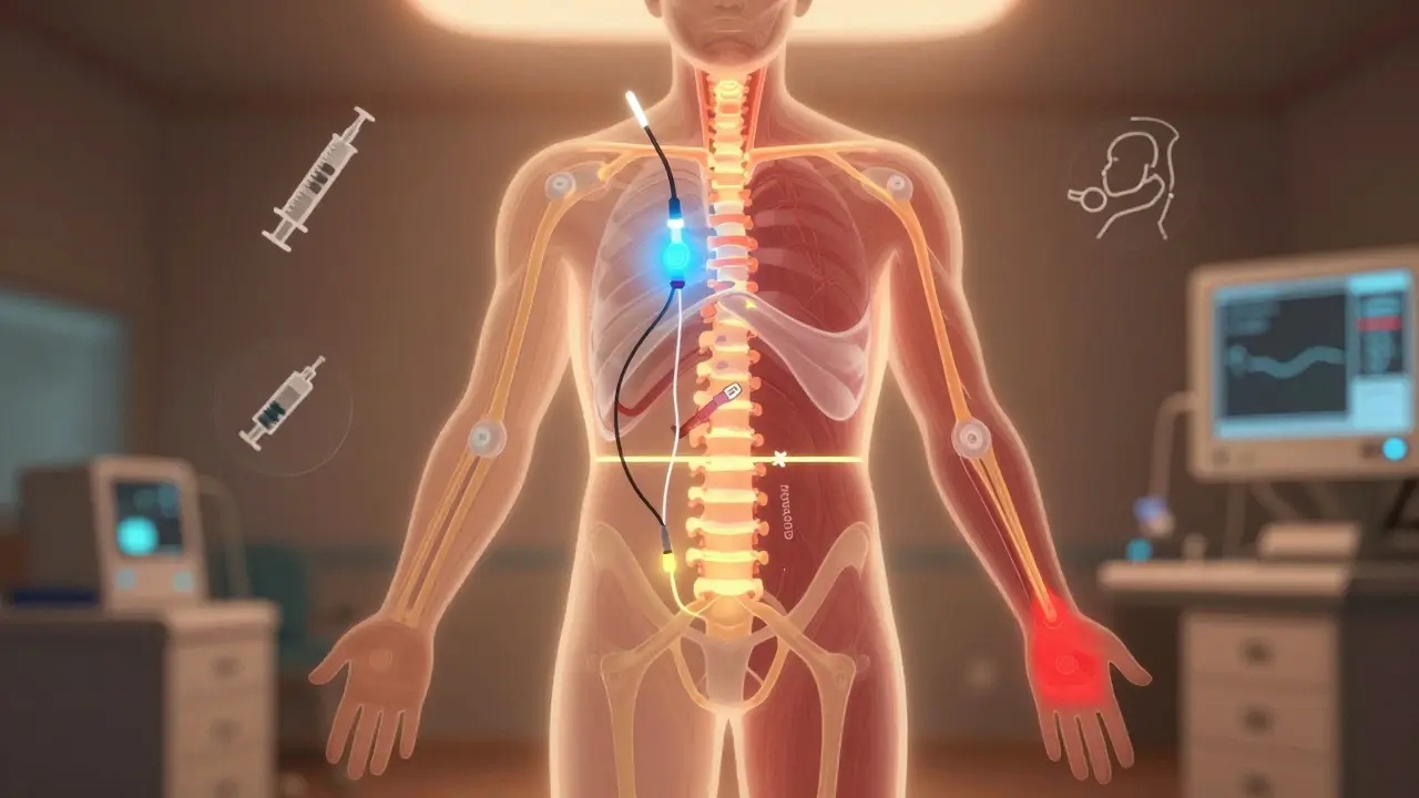 Ilustrovaný obraz těla s různými typy anestezie: celková, spinální, epidurální a lokální blokáda.