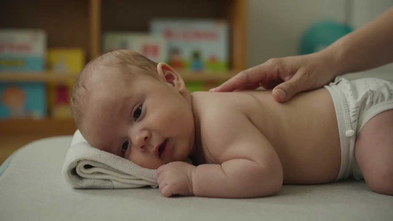 Kojenec leží na boku s podložkou, jemně podporovaný terapeutem, aby se přirozeně převracel.