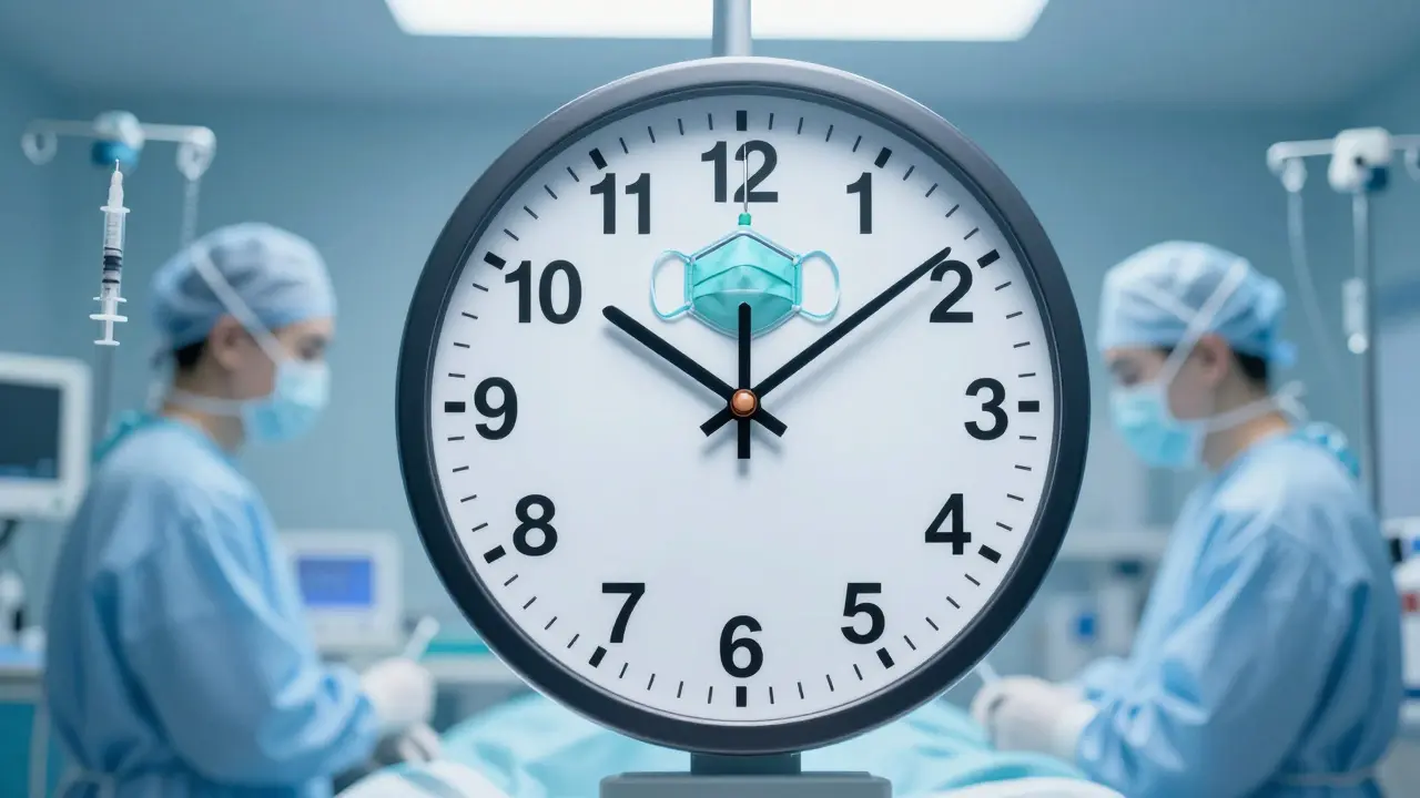 Konceptuální obraz hodin s lékařskými symboly symbolizující přesnost a bezpečnost anestezie.