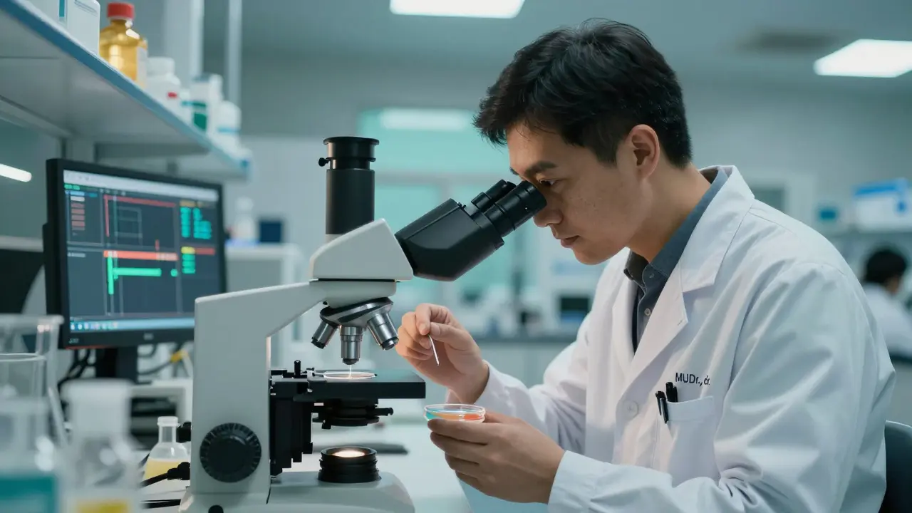 Lékař se tituly MUDr., dr. pracuje s mikroskopem ve výzkumné laboratoři.