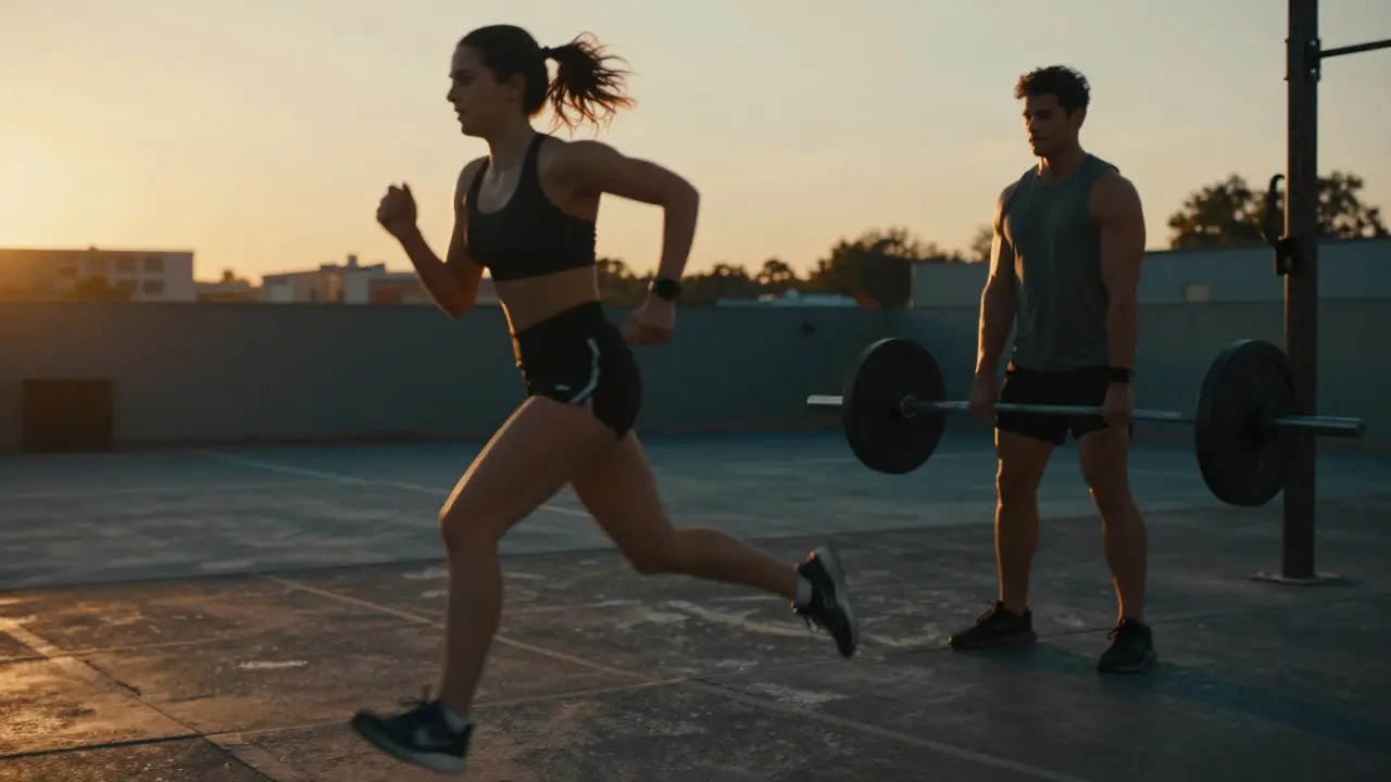 Muž dělá HIIT a žena zvedá činky.