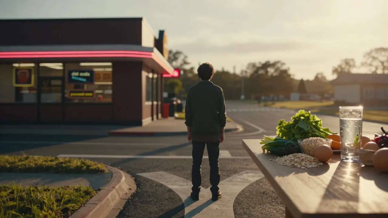 Osoba na rozcestí mezi škodlivými jídly a zdravými potravinami, osvětlená jemným zlatým světlem.