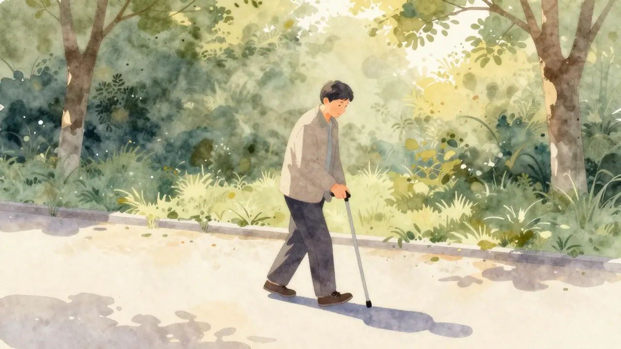 Pacient pomalu chodí s opěrkou v parku