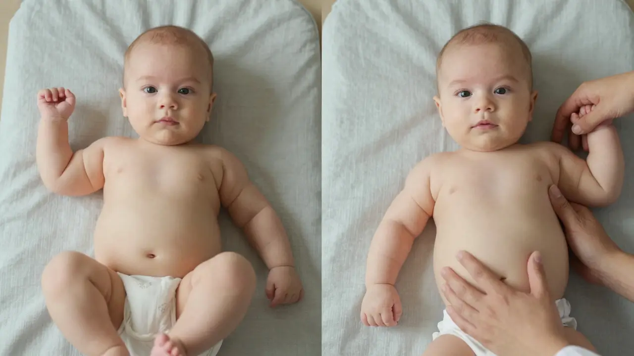 Porovnání dvou kojenců: jeden s přirozeným vývojem, druhý s nesymetrickým pohybem a plochou hlavičkou.