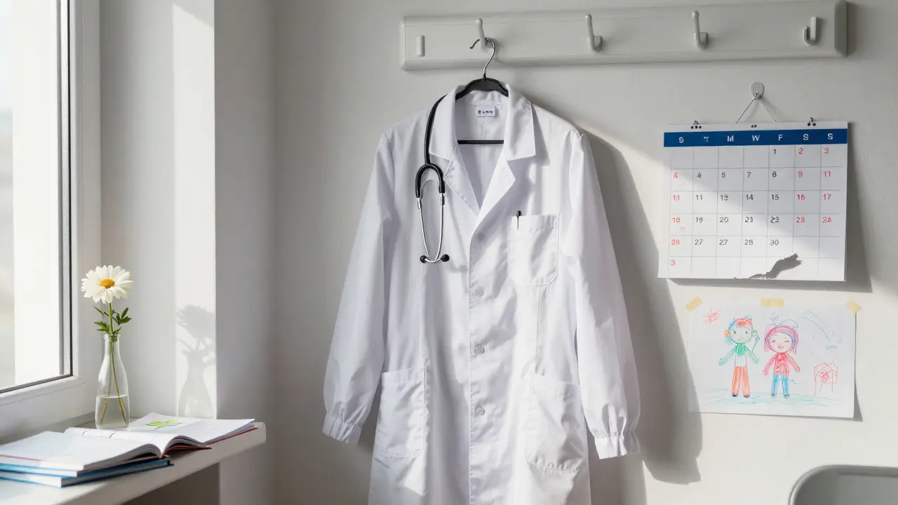 Prázdný bílý plášť s chirurgickým stetoskopem a kalendářem s označeným 11. rokem studia.