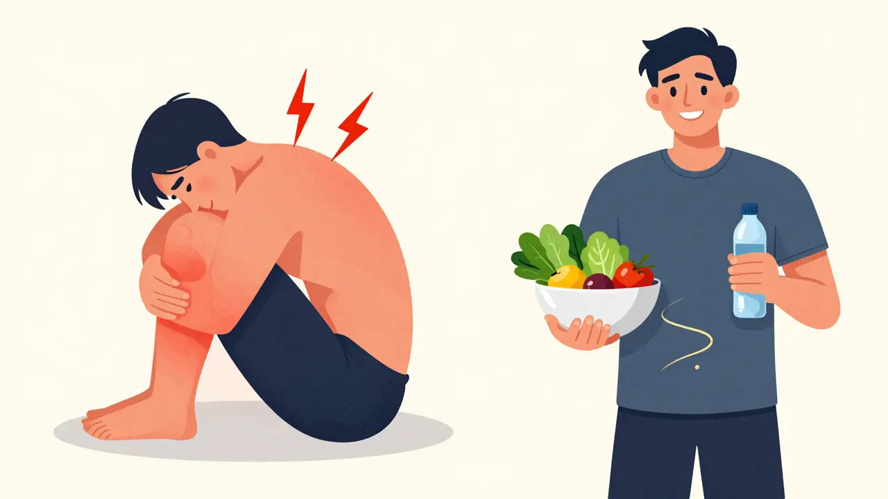 Před a po: člověk s bolestí a špatnou postavou napravo a stejný člověk zdravý a šťastný vlevo, symbolizující celkové zlepšení.