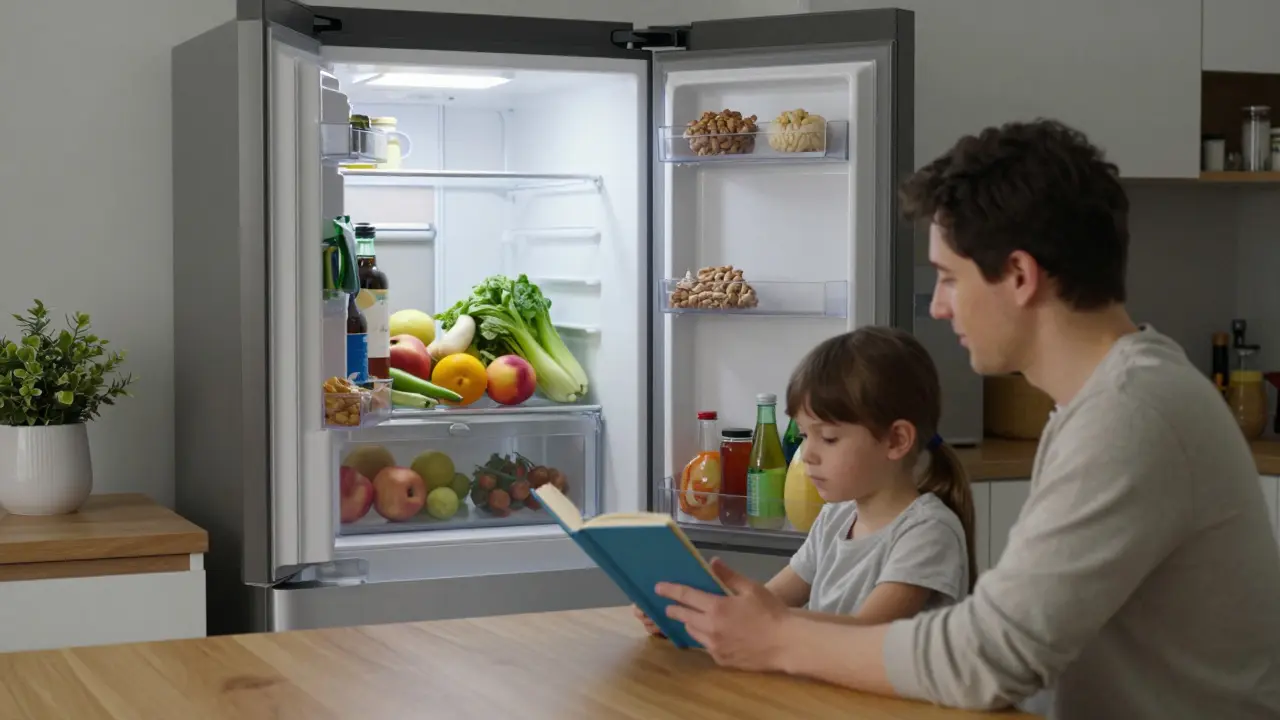 Rodinná kuchyně s čistou lednicí plnou zdravých potravin, bez sladkých nápojů a sušenek.