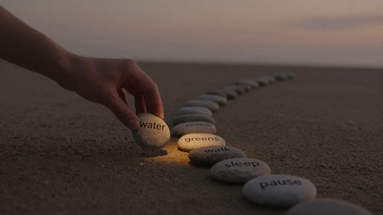 Ruka pokládá kámen na cestu s malými značkami pro zdravý život.