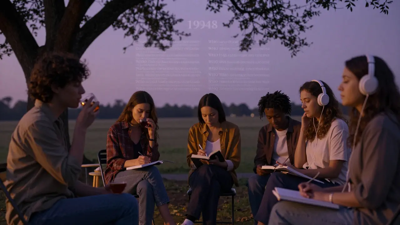 Skupina lidí sedí v kruhu ve večerním světle, každý klidně dbá na sebe.