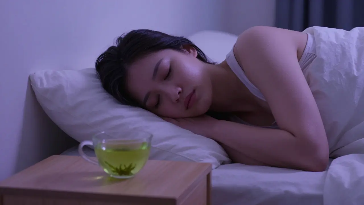 Spící člověk pod měsícem s šálkem zeleného čaje na nočním stolku.