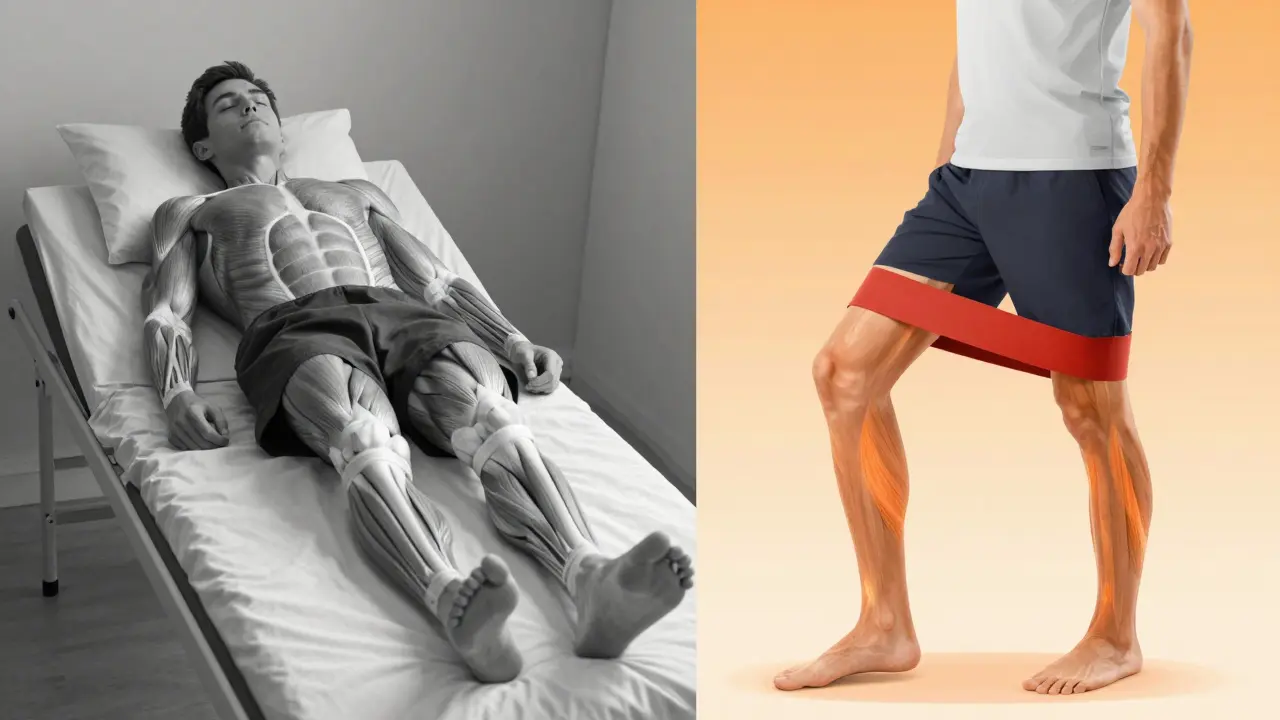 Srovnání atrofie svalu a obnovy pohybu po operaci – konceptuální ilustrace.