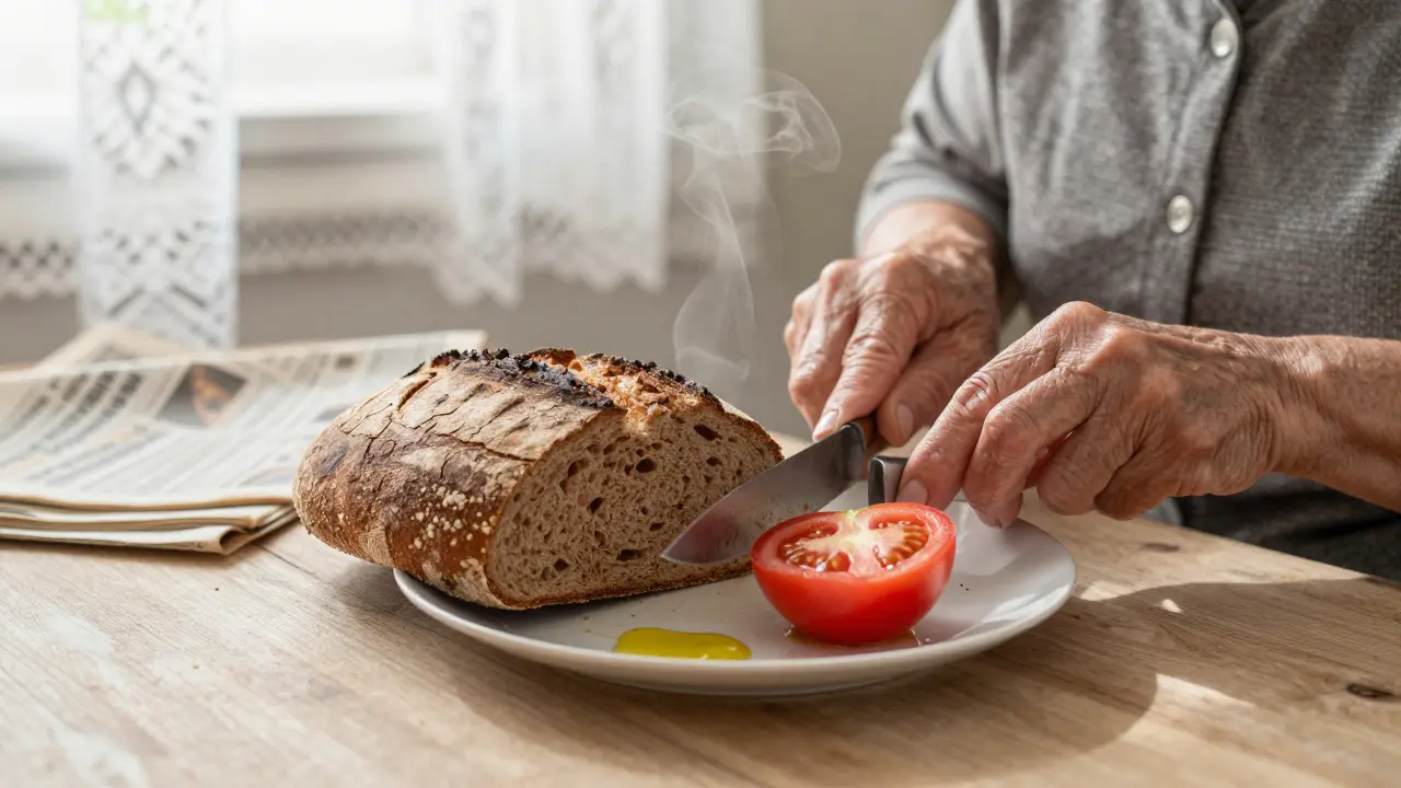 Starší žena řeže žitný chléb s rajčetem a olivovým olejem v kuchyni s českými detaily