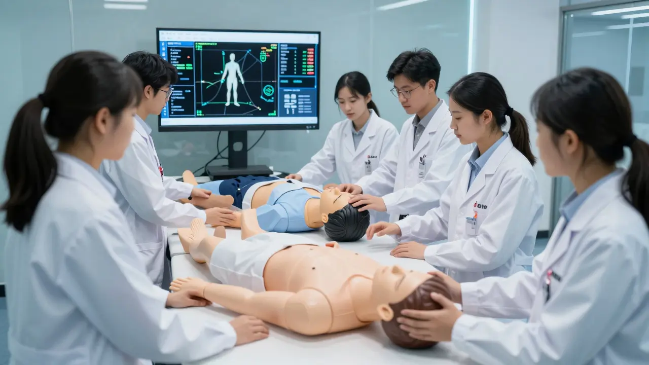 Studenti cvičí manuální terapii na simulátoru s digitálními daty.