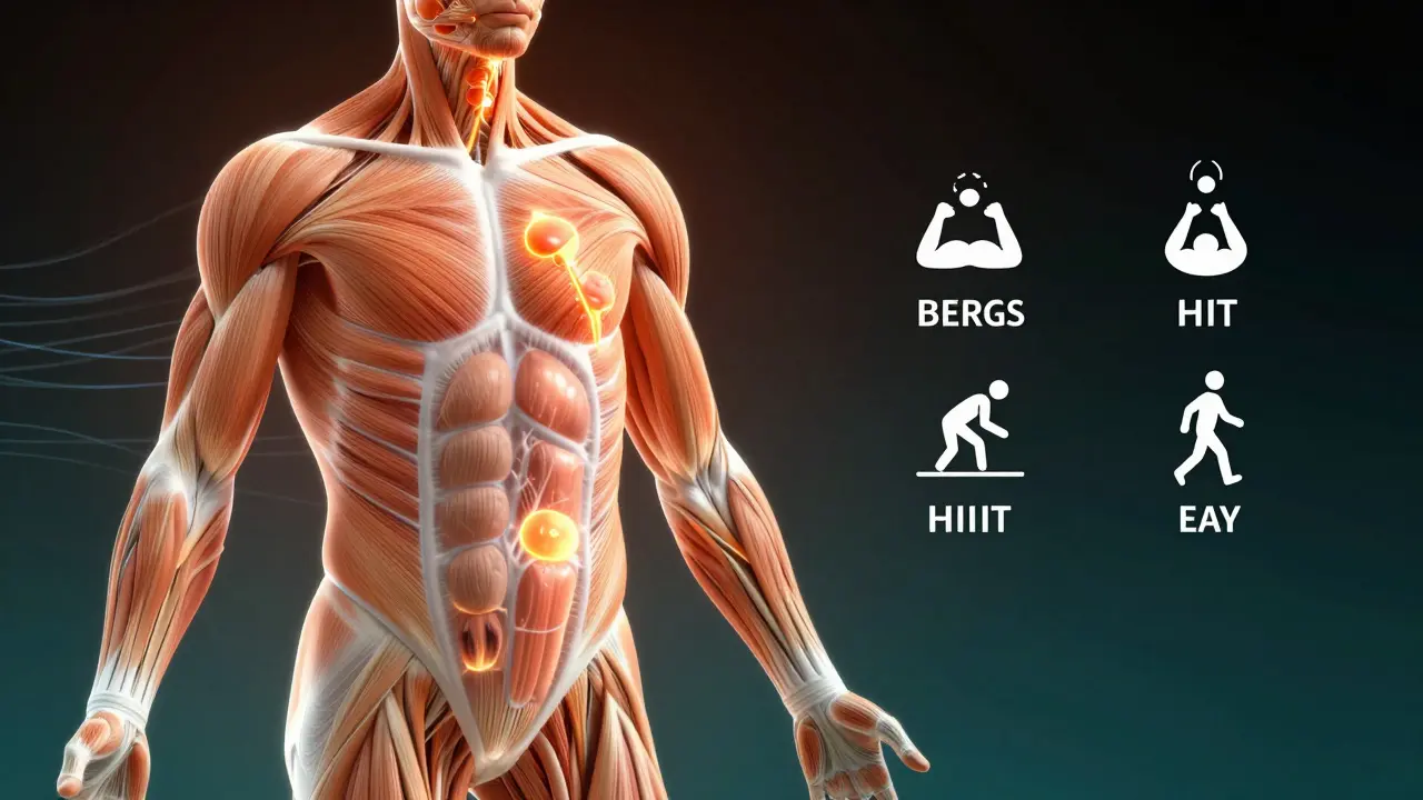 Tělo s aktivními svaly a tukovými buňkami přeměňujícími se na energii.