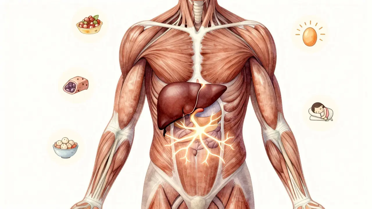 Translucentní ilustrace lidského těla s propojenými cestami mezi svaly, orgány a emocemi, zobrazenými jako světelné signály.