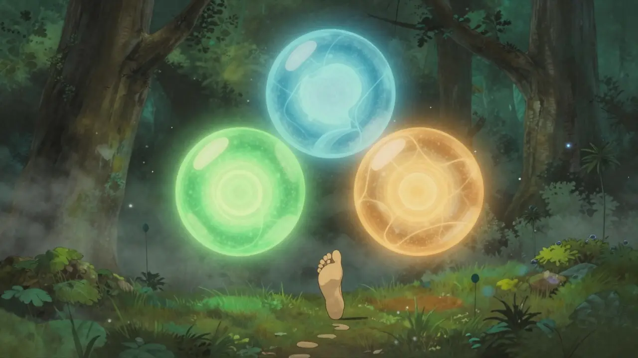 Tři zářící koule před lesní podložkou symbolizují fyzické, mentální a společenské zdraví.