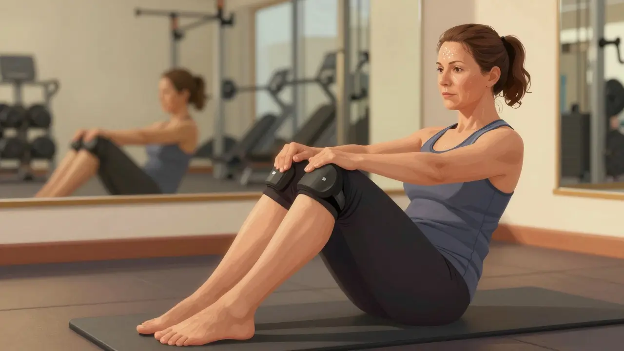 Žena cvičí sílu stehna tři měsíce po opravě předního křížového vazů.