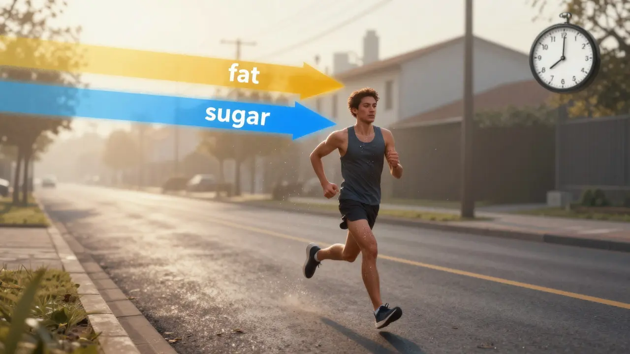 Běžec běží na prázdné ulici v ranní světlosti, s vizuálním znázorněním spalování tuků místo cukrů.