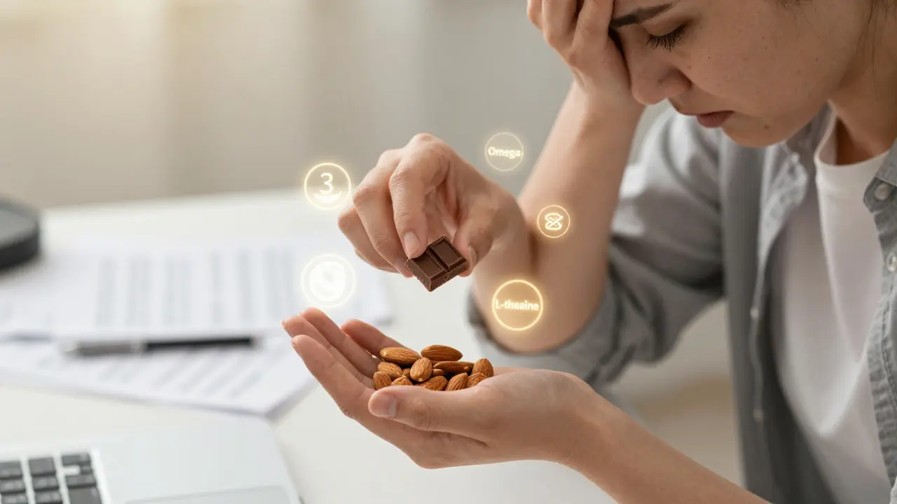 Černá čokoláda a ořechy v ruce při stresu, s tajemnými živými symboly