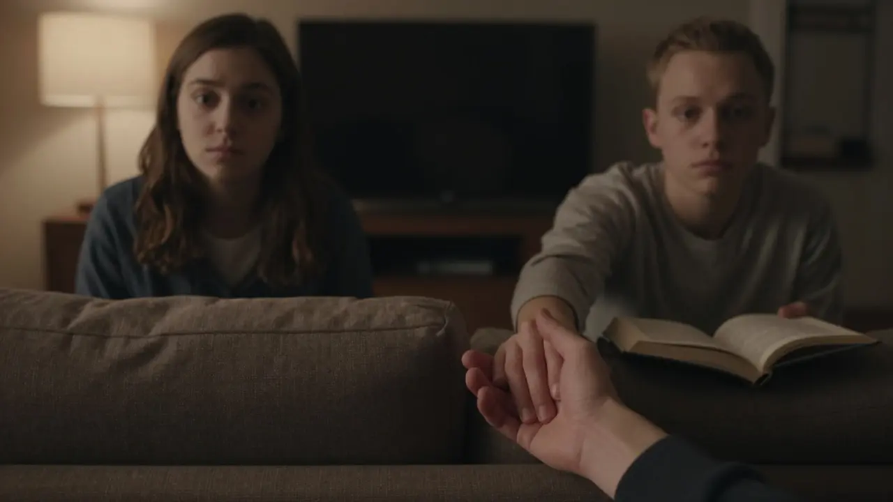 Dvě osoby sedí na gauči v tichosti, jedna je přítomná, druhá se dívá před sebe, žádná slova.