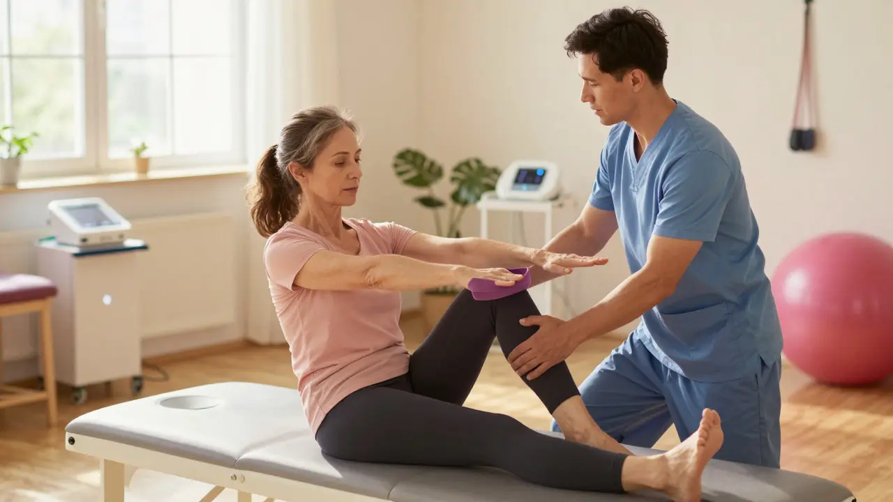 Fyzioterapeut pomáhá pacientce obnovit pohyblivost cvičením.