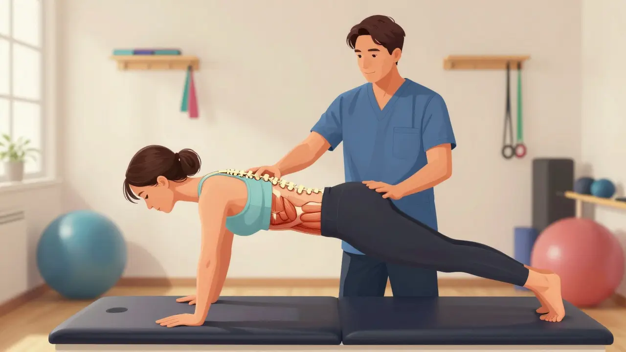 Fyzioterapeut vede pacienta přes cvičení bird dog a bridging v klinice.