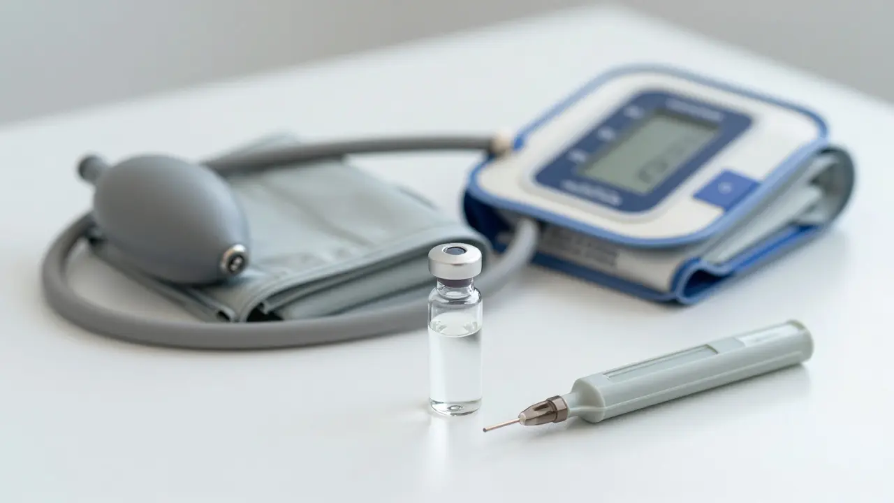 Lékařské přístroje na měření tlaku a odběr krve.