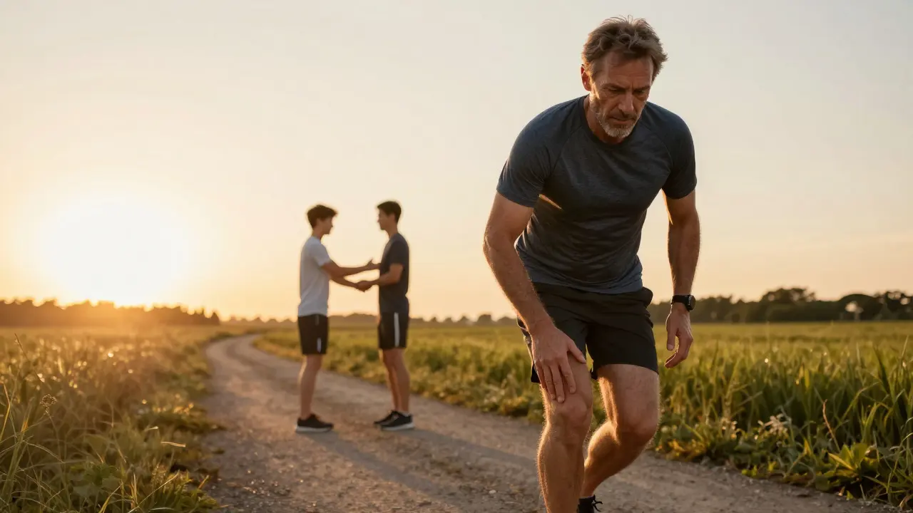 Muž běží na západu slunce, za ním průhledná připomínka fyzioterapie — rehabilitace jako cesta k lepšímu sebe.