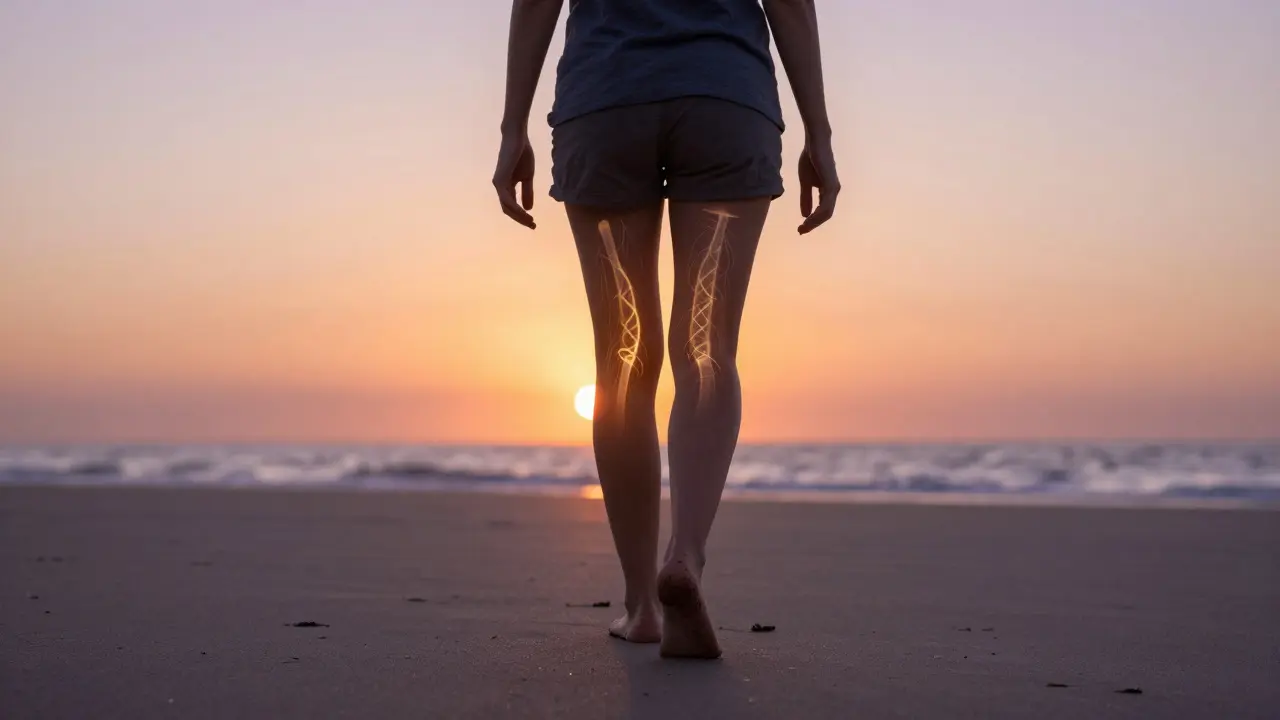 Osoba chodí po písku při západu slunce s představou uvolnění nervů.
