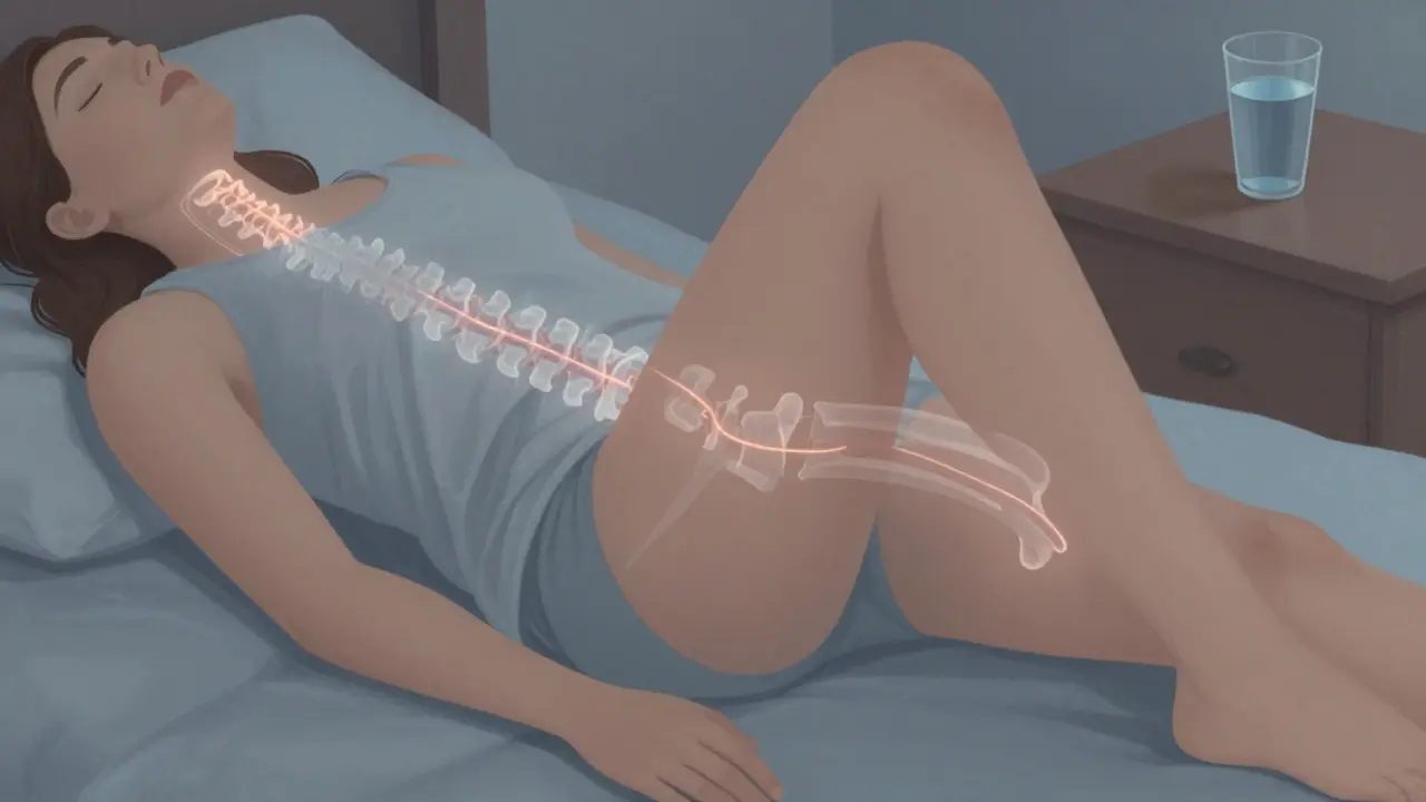 Osoba leží na zádech s přitáhnutými koleny, viditelná správná poloha páteře.