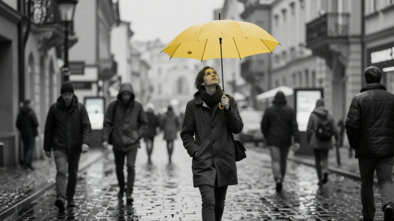 Osoba prochází dešťovou ulicí v Praze, nekouká na telefon, místo toho se dívá do oblohy.