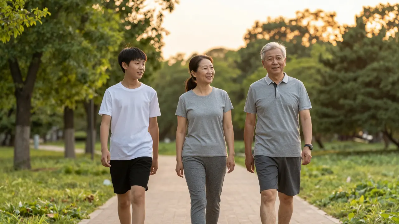 Tři generace lidí chodí společně v parku při západu slunce.