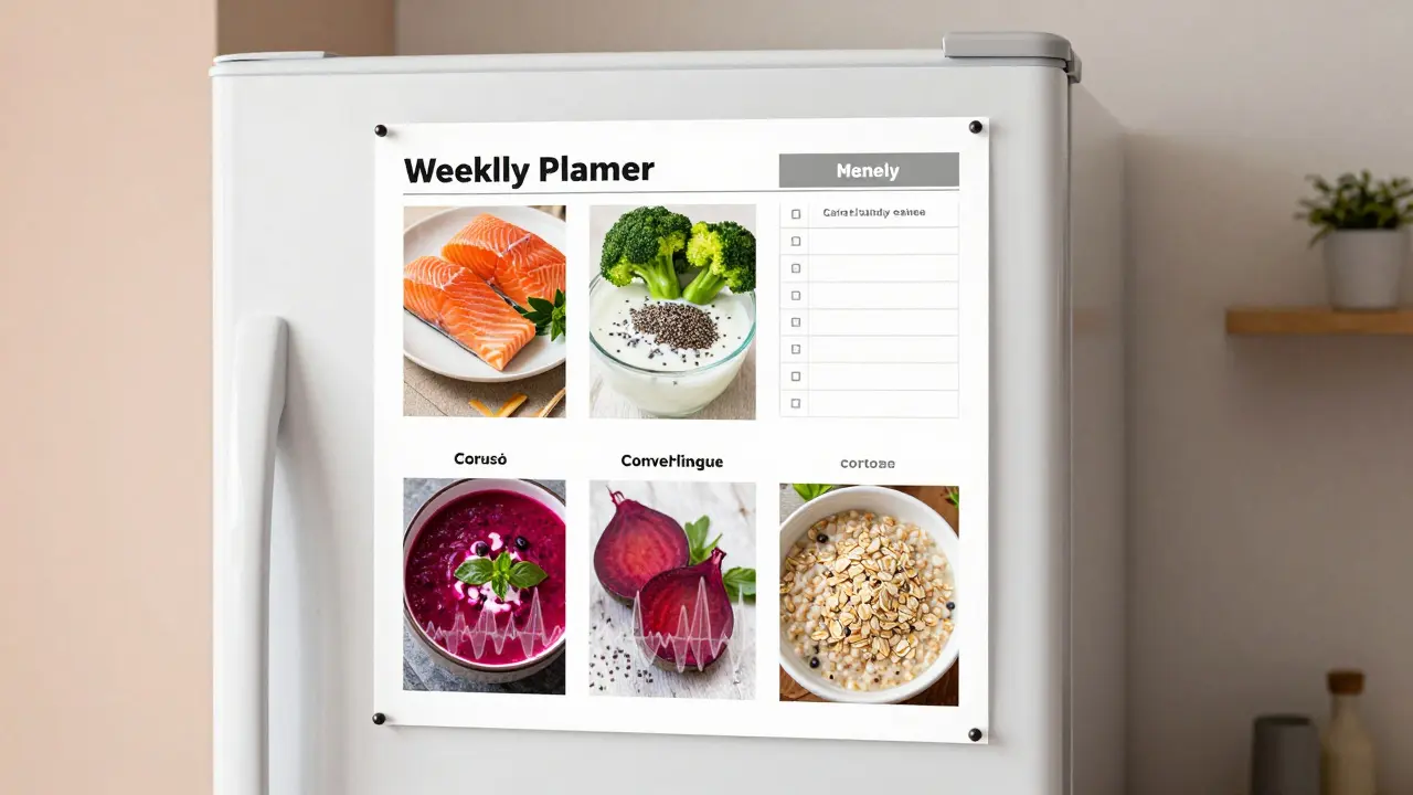 Týdenní plán jídel na lednici s obrázky zdravých potravin