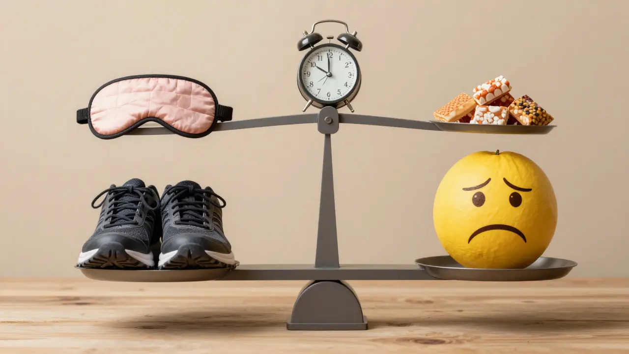 Váha ukazuje rovnováhu mezi kvalitním spánkem, stravou a pohybem na jedné straně a stresem a cukrem na druhé.