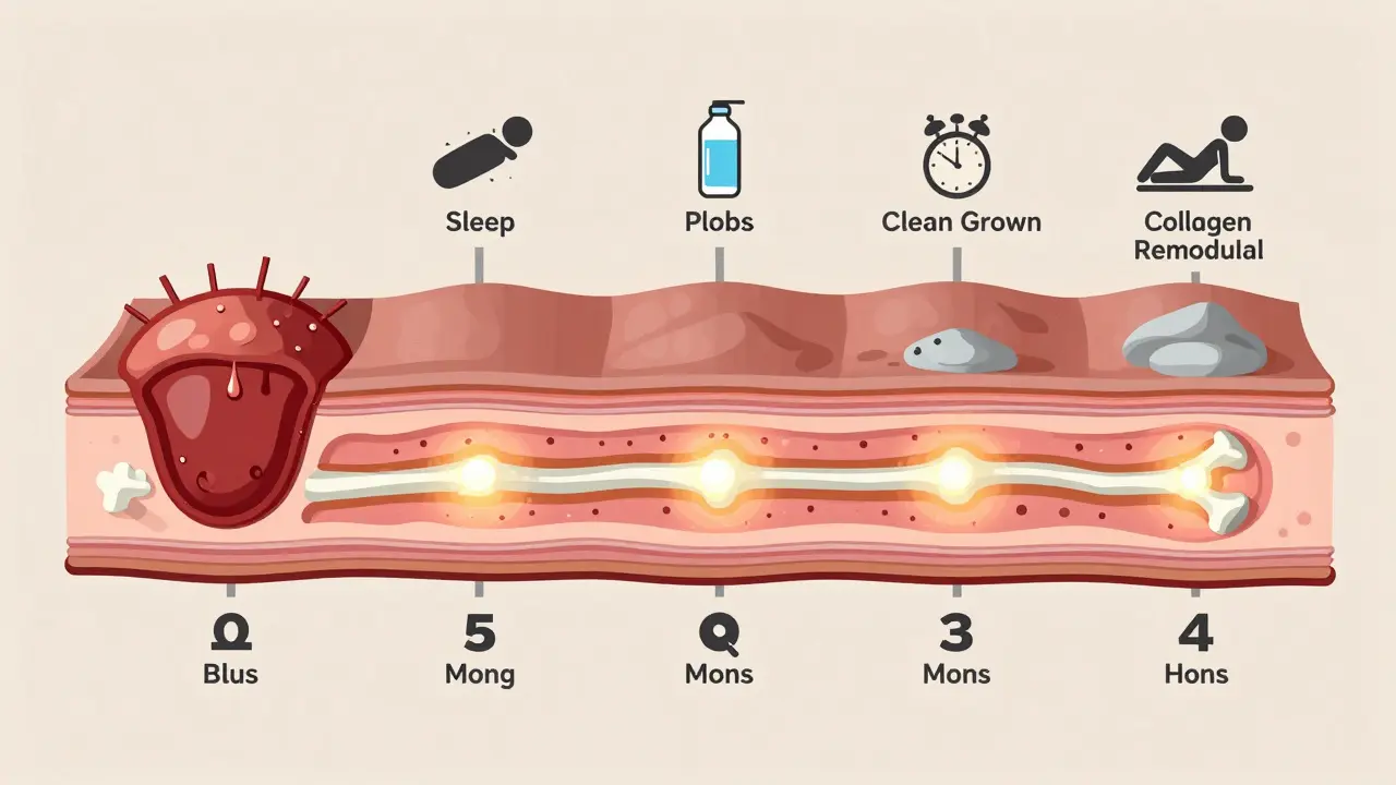 Vizualizace regenerace tkání po úrazu: krevní sraženiny, nová kost a přizpůsobení zátěži.