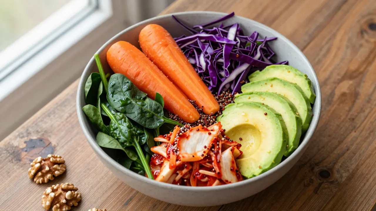 Barevná miska s čerstvou zeleninou, kvinoou a ořechy na dřevěném stole.