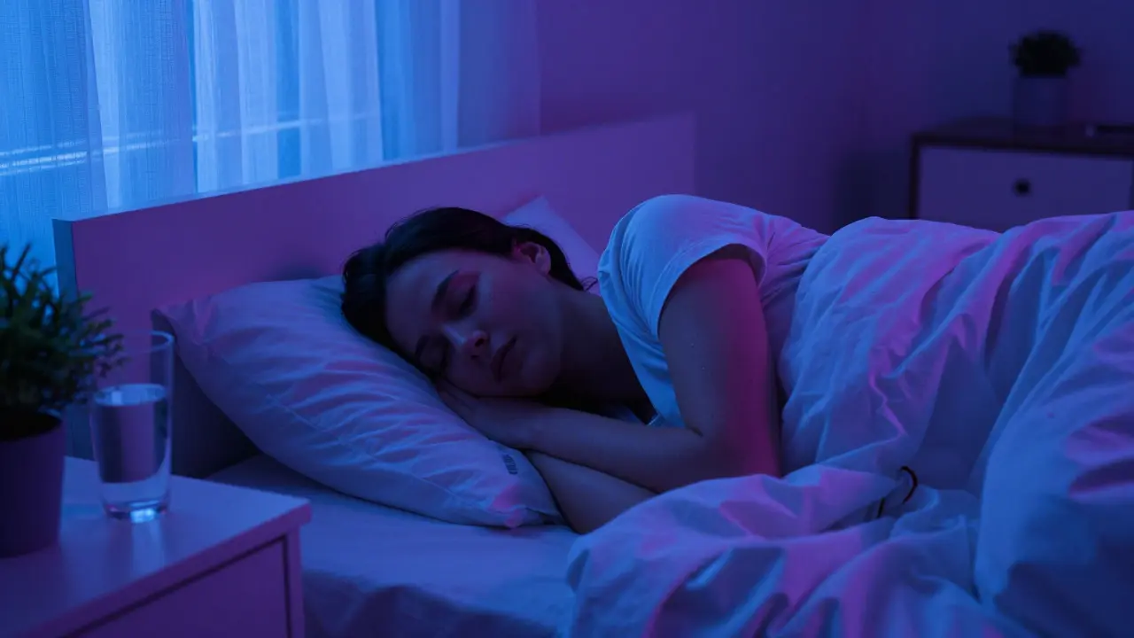 Člověk klidně spící v chladné, temné a uklidňující ložnici.