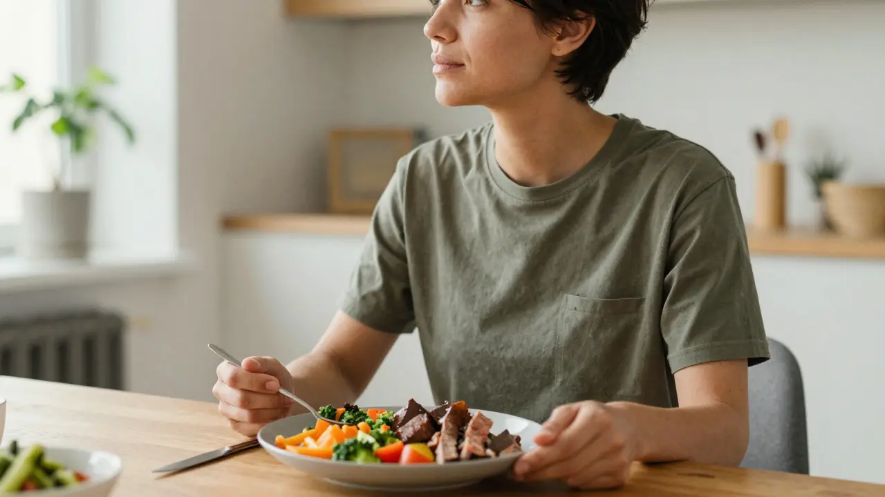 Člověk spokojně užívající nutričně bohaté jídlo v moderním interiéru.