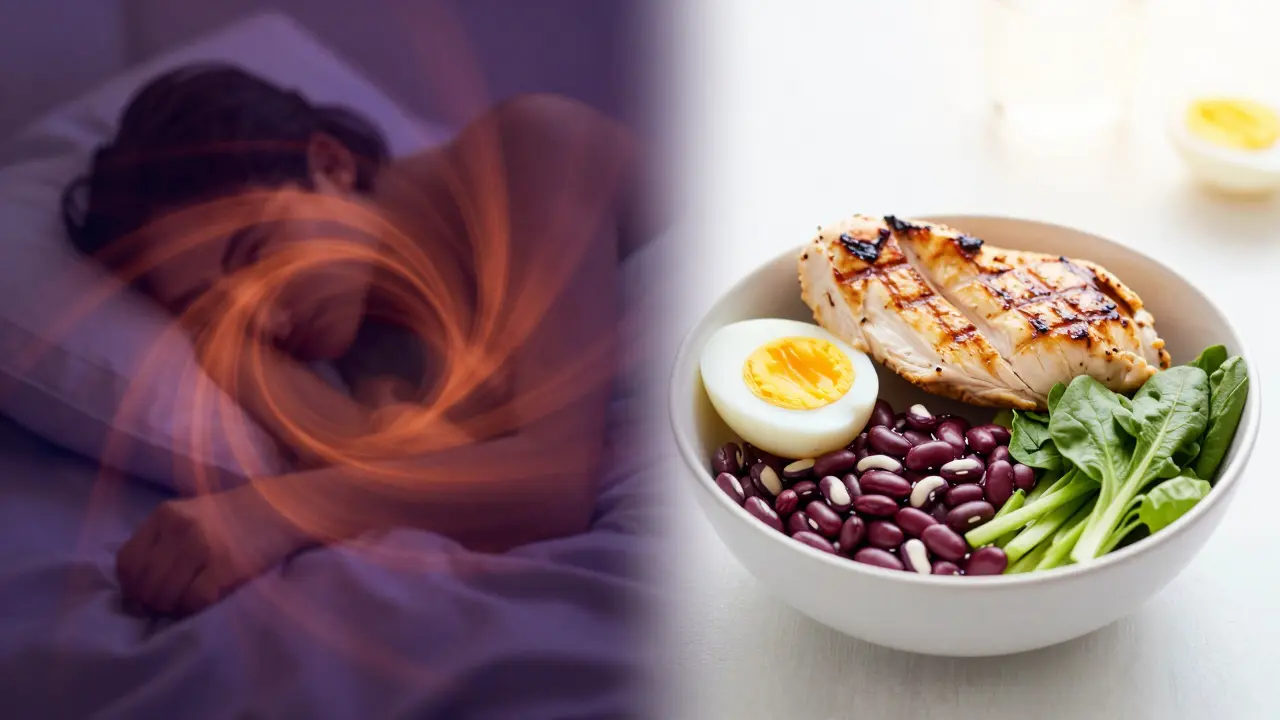 Kolaž znázornující stres na jedné straně a zdravé bílkoviny s vlákninou na druhé.