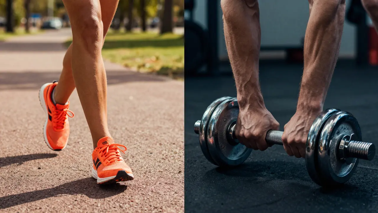 Kombinace běhání v parku a posilování s činkami v posilovně.